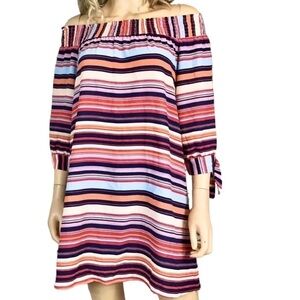 Want and Need Women's Size Medium Off Shoulder Mini Dress Navy Stripes Tie Slit